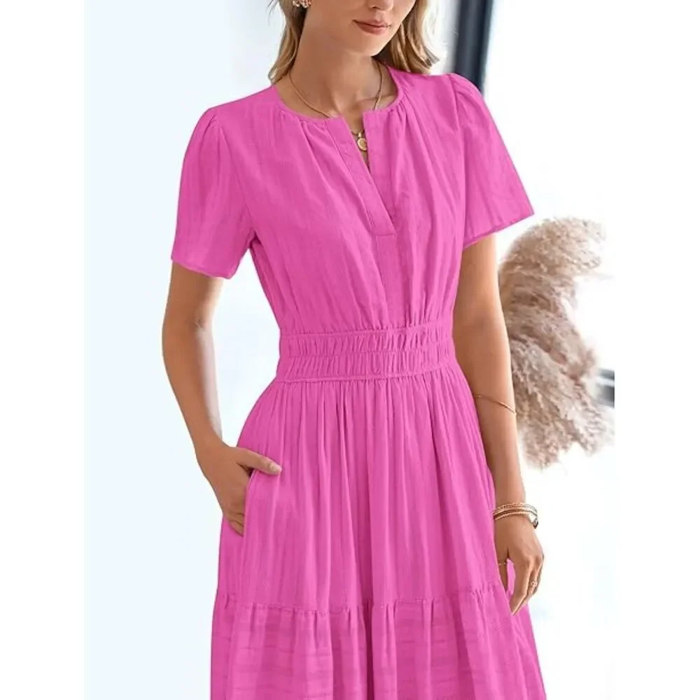 Women's Rose Red V Neck Short Sleeve A Line Summer Casual Maxi Dress Pockets